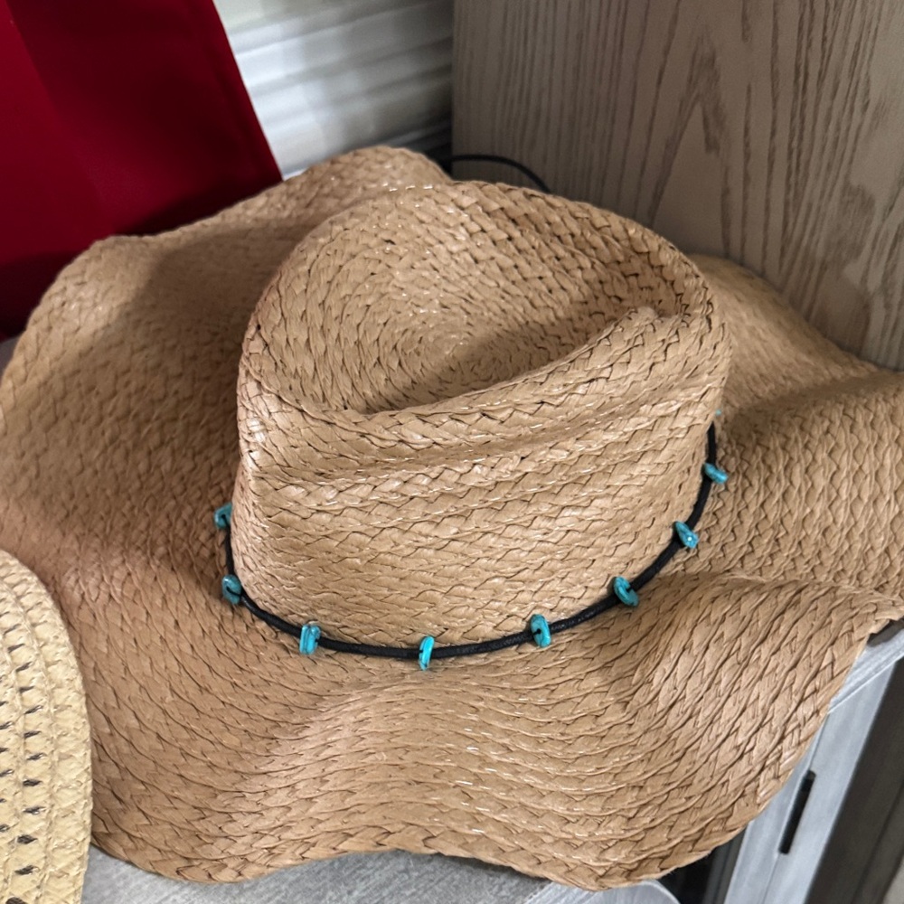 Stylish Tan Straw Hat with Turquoise Accents